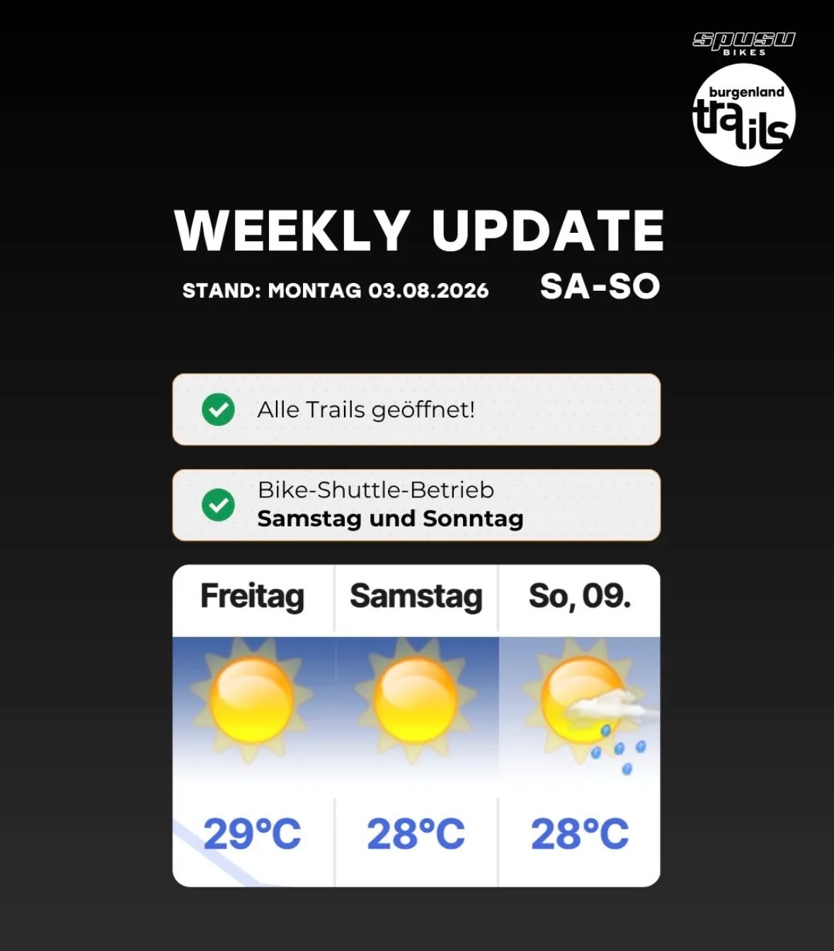 Wöchentliche Aktualisierung von Burgenland Trails. Alle Trails sind geöffnet. Der Fahrrad-Shuttle fährt am Samstag und Sonntag. Die Temperaturen für Freitag, Samstag und Sonntag sind 29°C, 28°C und 28°C.