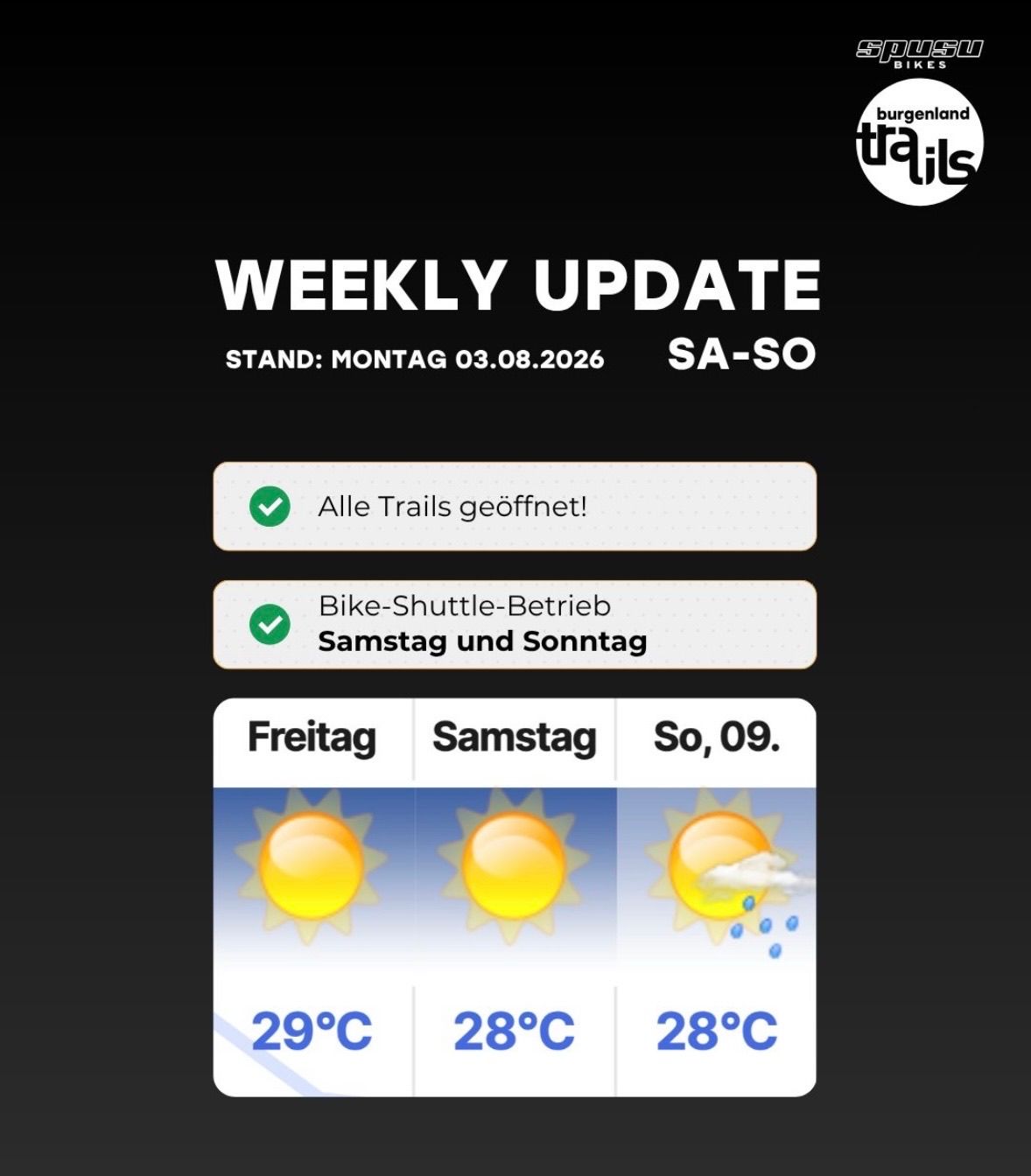 Wöchentliche Aktualisierung von Burgenland Trails. Alle Trails sind geöffnet. Der Fahrrad-Shuttle fährt am Samstag und Sonntag. Die Temperaturen für Freitag, Samstag und Sonntag sind 29°C, 28°C und 28°C.