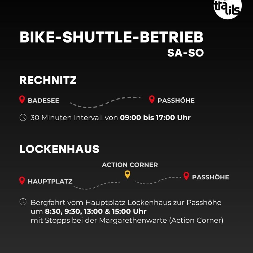 Ein Plakat, das einen Fahrrad-Shuttle-Service zwischen Badesee und Passhöhe mit einem 30-Minuten-Intervall von 09:00 bis 17:00 ankündigt. Es zeigt auch eine Route vom Lockenhaus Hauptplatz zum Passhöhe mit Haltestellen an der Margarethenwarte.