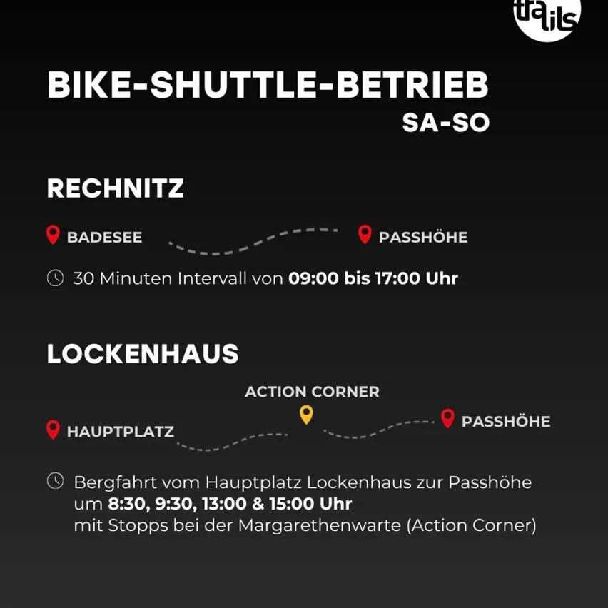 Ein Plakat für einen Fahrrad-Shuttle-Service zwischen Badesse und Passhöhe mit einem 30-Minuten-Intervall von 09:00 bis 17:00. Es zeigt auch eine Route vom Lockenhaus Hauptplatz nach Passhöhe mit Haltestellen bei Action Corner.