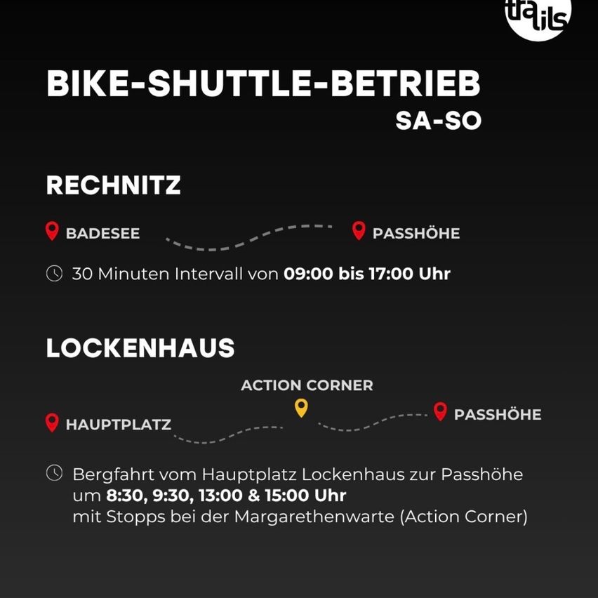 Ein Plakat für einen Fahrrad-Shuttle-Service zwischen Badesse und Passhöhe mit einem 30-Minuten-Intervall von 09:00 bis 17:00. Es zeigt auch eine Route vom Lockenhaus Hauptplatz nach Passhöhe mit Haltestellen bei Action Corner.