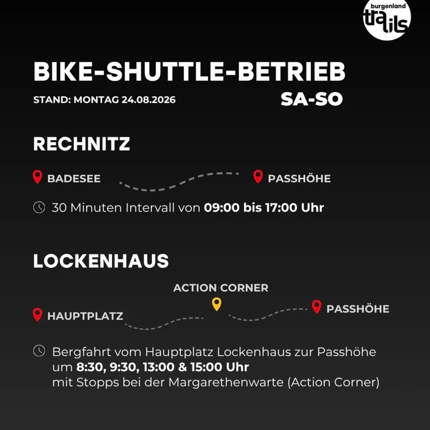 Ein Plakat, das einen Fahrrad-Shuttle-Service zwischen Badesee und Passhöhe in Rechnitz, Österreich, bewirbt. Der Service läuft am Montag, 24. August 2026, mit einem 30-Minuten-Intervall von 9:00 Uhr bis 17:00 Uhr.