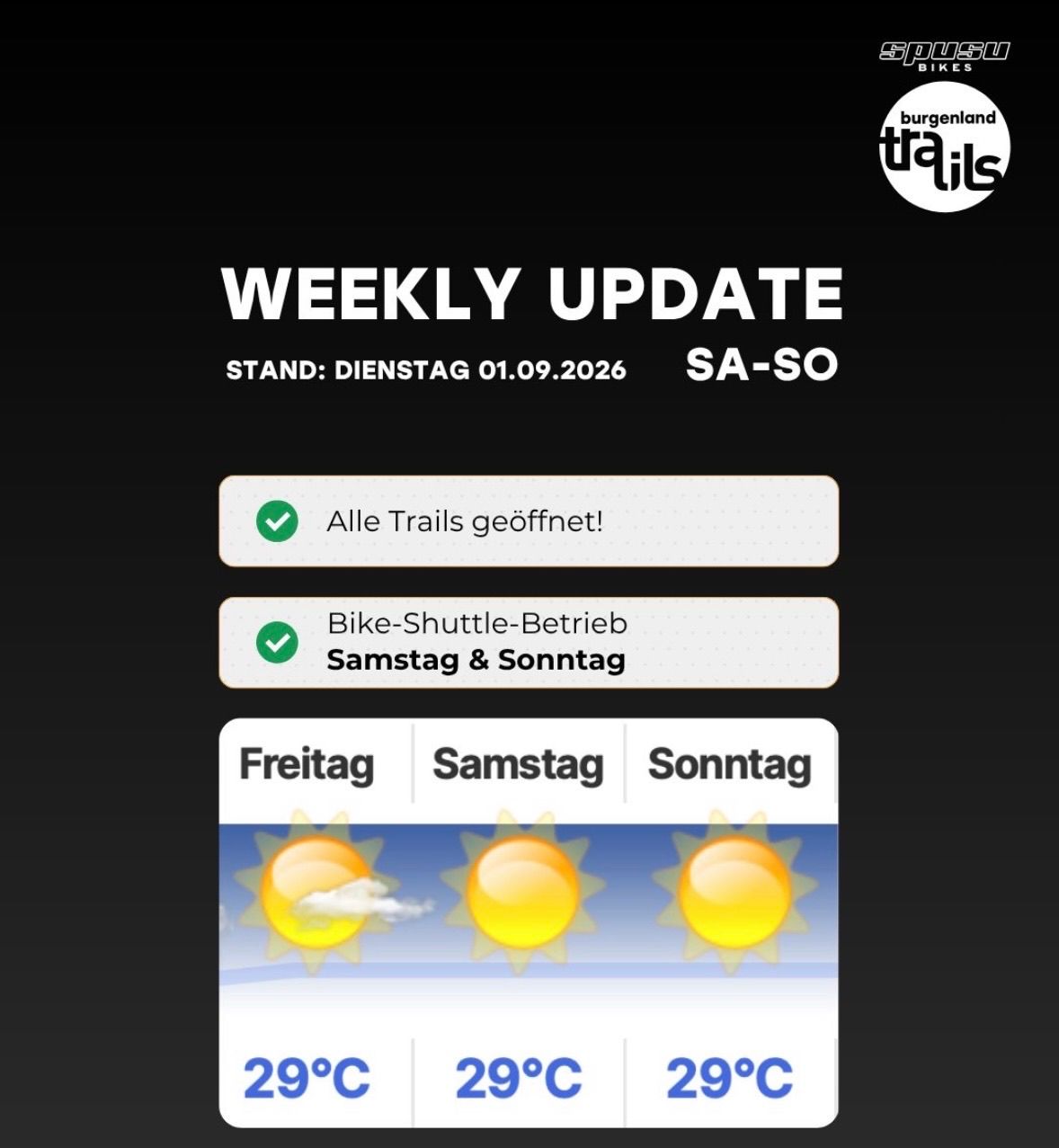 Weekly update on trails and bike shuttle service. All trails open. Bike shuttle operates on Saturday and Sunday. Temperatures are 29°C on Friday, Saturday, and Sunday.