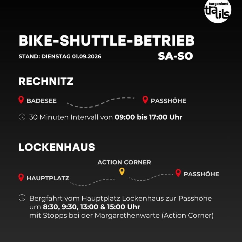 A poster for a bike shuttle service in Burgenland, Germany. It shows a route from Badese to Passhöhe with stops at Lockenhaus and Action Corner. The service operates on September 1, 2026, with a 30-minute interval from 9:00 AM to 5:00 PM.
