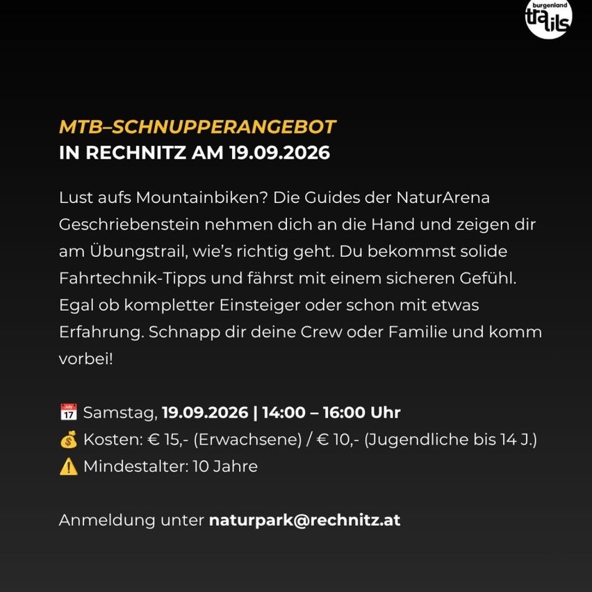 Mountain bike guide event in Rechnitz on 19.09.2026. Learn biking techniques with guides, suitable for beginners and experienced riders. Registration required.