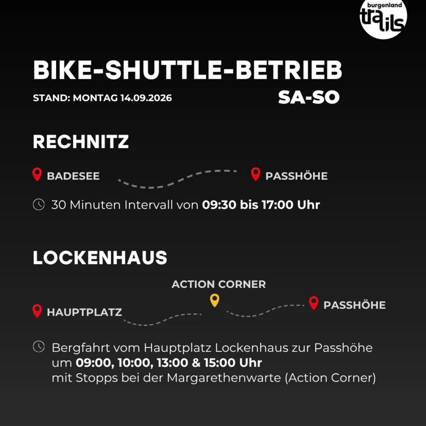 Ein schwarzer Plakat wirbt für einen Fahrrad-Shuttle-Service zwischen Badesee und Passhöhe, der am Montag, den 14.09.2026, in Betrieb ist. Er fährt alle 30 Minuten von 09:30 bis 17:00 Uhr. Eine weitere Route von Lockenhaus nach Passhöhe fährt um 09:00, 10:00, 13:00 und 15:00 Uhr und hält bei Margarethenwarte.
