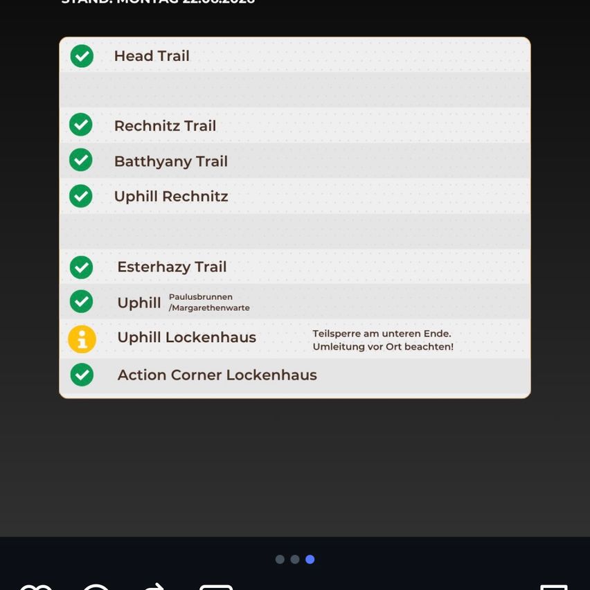 Das Bild zeigt eine Liste von Wegen mit Häkchen. Head Trail, Rechnitz Trail, Batthyanische Trail, Uphill Rechnitz, Esterhazy Trail, Uphill Paulusbrunnen/Margarethenwarte und Uphill Lockenhaus mit einem Info-Symbol. Action Corner Lockenhaus ist markiert.