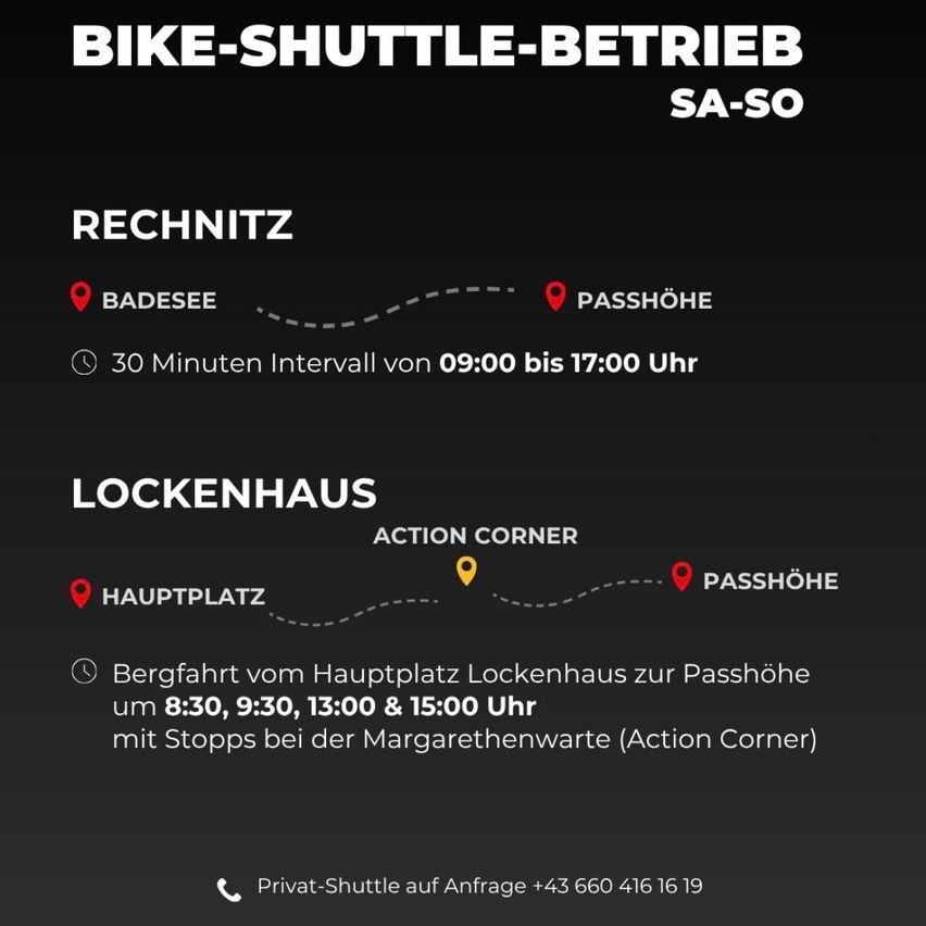 Bike shuttle service from Badesee to Passhoe with a 30-minute interval from 09:00 to 17:00. From Lockenhaus, it operates at 8:30, 9:30, 13:00, and 15:00 with stops at Margarethenwarte.