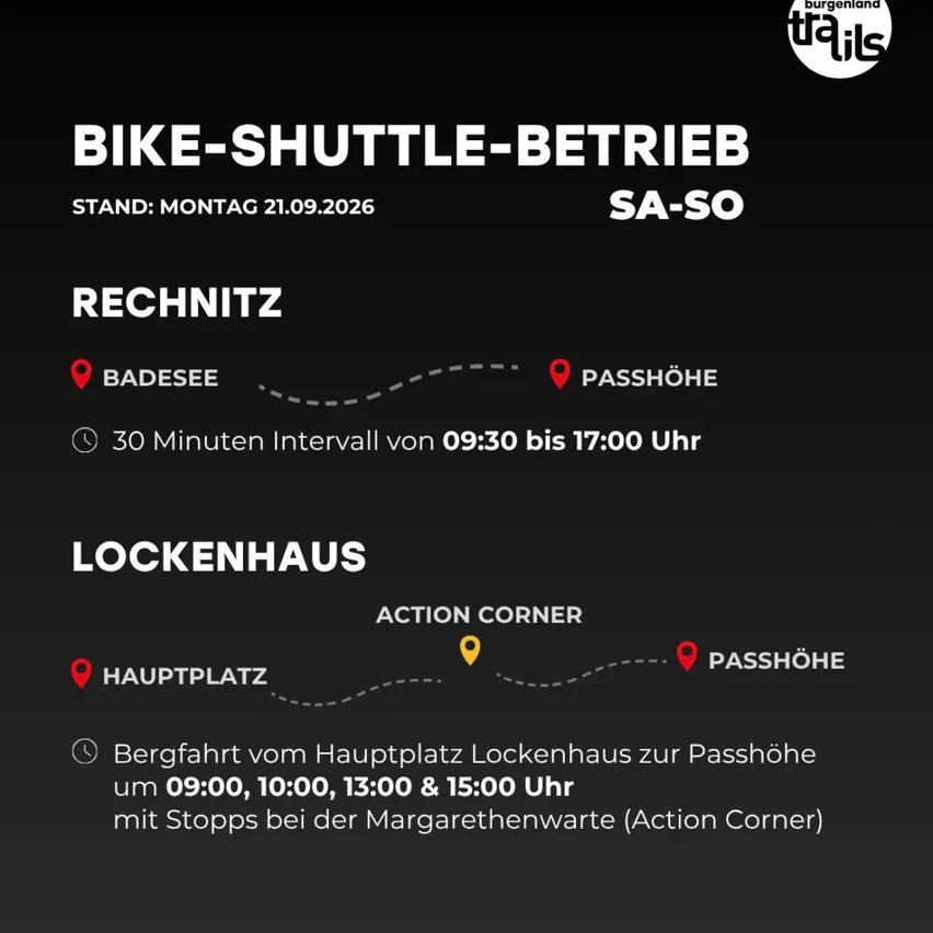 Ein Fahrrad-Shuttle-Fahrplan von Lockenhaus nach Passhöhe mit Haltestellen in Badesee und Lockenhaus. Der Service fährt alle 30 Minuten von 09:30 bis 17:00 Uhr.
