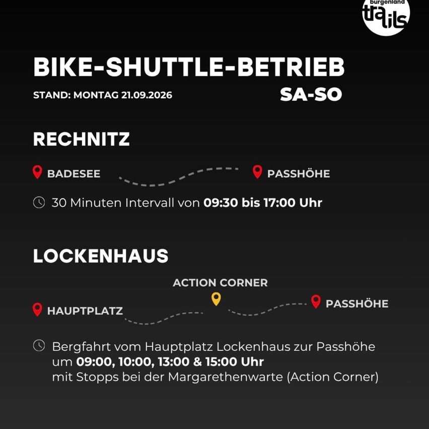 Ein Fahrrad-Shuttle-Fahrplan von Lockenhaus nach Passhöhe mit Haltestellen in Badesee und Lockenhaus. Der Service fährt alle 30 Minuten von 09:30 bis 17:00 Uhr.