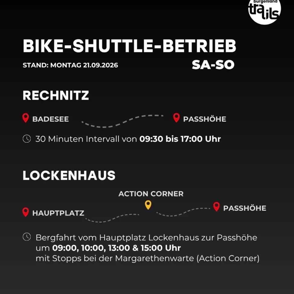 Ein Fahrrad-Shuttle-Fahrplan von Lockenhaus nach Passhöhe mit Haltestellen in Badesee und Lockenhaus. Der Service fährt alle 30 Minuten von 09:30 bis 17:00 Uhr.