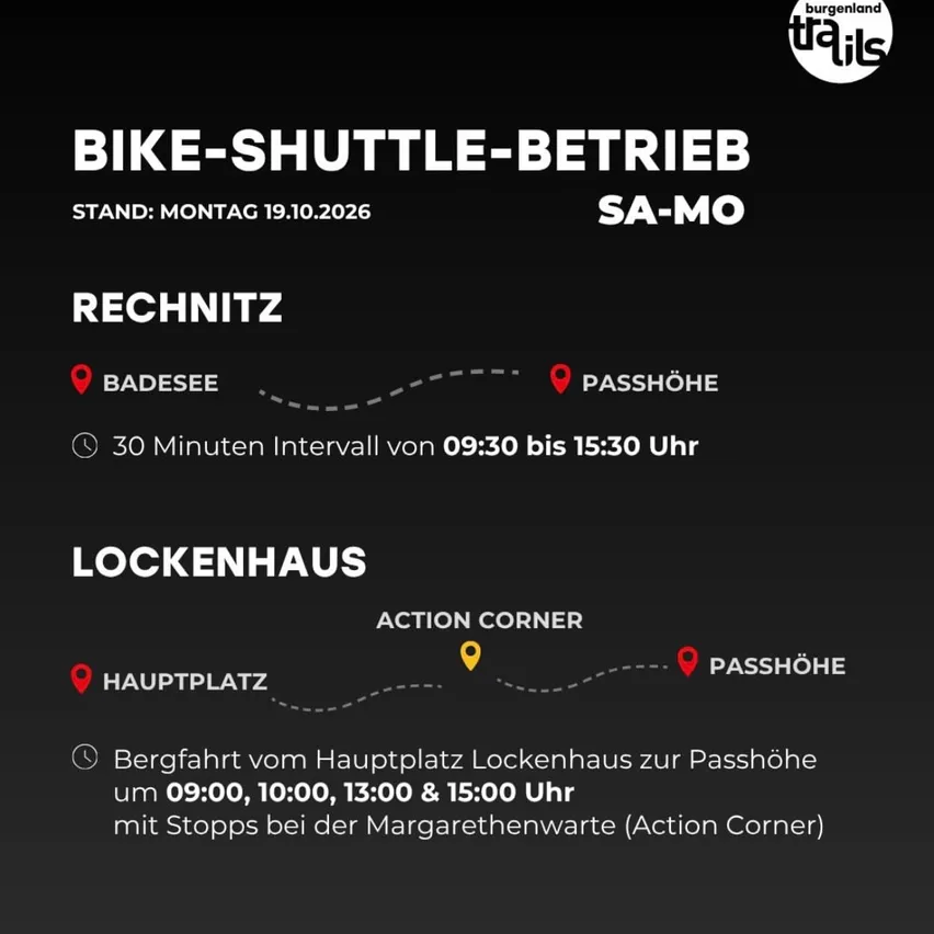 Ein Plakat für einen Fahrrad-Shuttle-Service in Deutschland, das die Route von Rechnitz nach Passhöhe mit Haltestellen in Badesee, Lockenhaus und Action Corner zeigt.