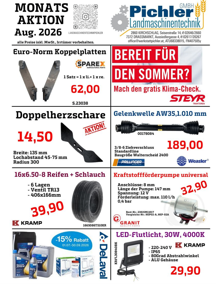 Eine Werbung für landwirtschaftliche Teile, einschließlich Euro-Norm-Kupplungsplatten, Doppelherzscheren und einer universellen Kraftstoffpumpe. Preise und Produktdetails sind aufgeführt.