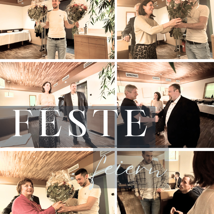 A collage of images depicting people in a festive setting, holding flowers, interacting, and posing for the camera. The word 'Feste' is prominently displayed in white.
