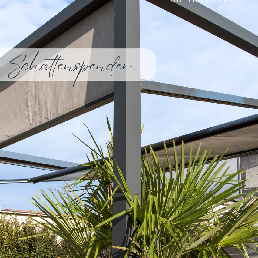 An outdoor canopy with a gray frame and a retractable shade, featuring lush green plants underneath.