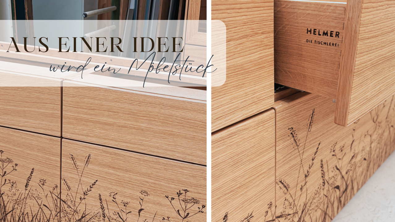 A wooden drawer unit with a floral design on its surface. The drawer is open, showing the interior. The words 'Inner Idee' are written in white on the top.
