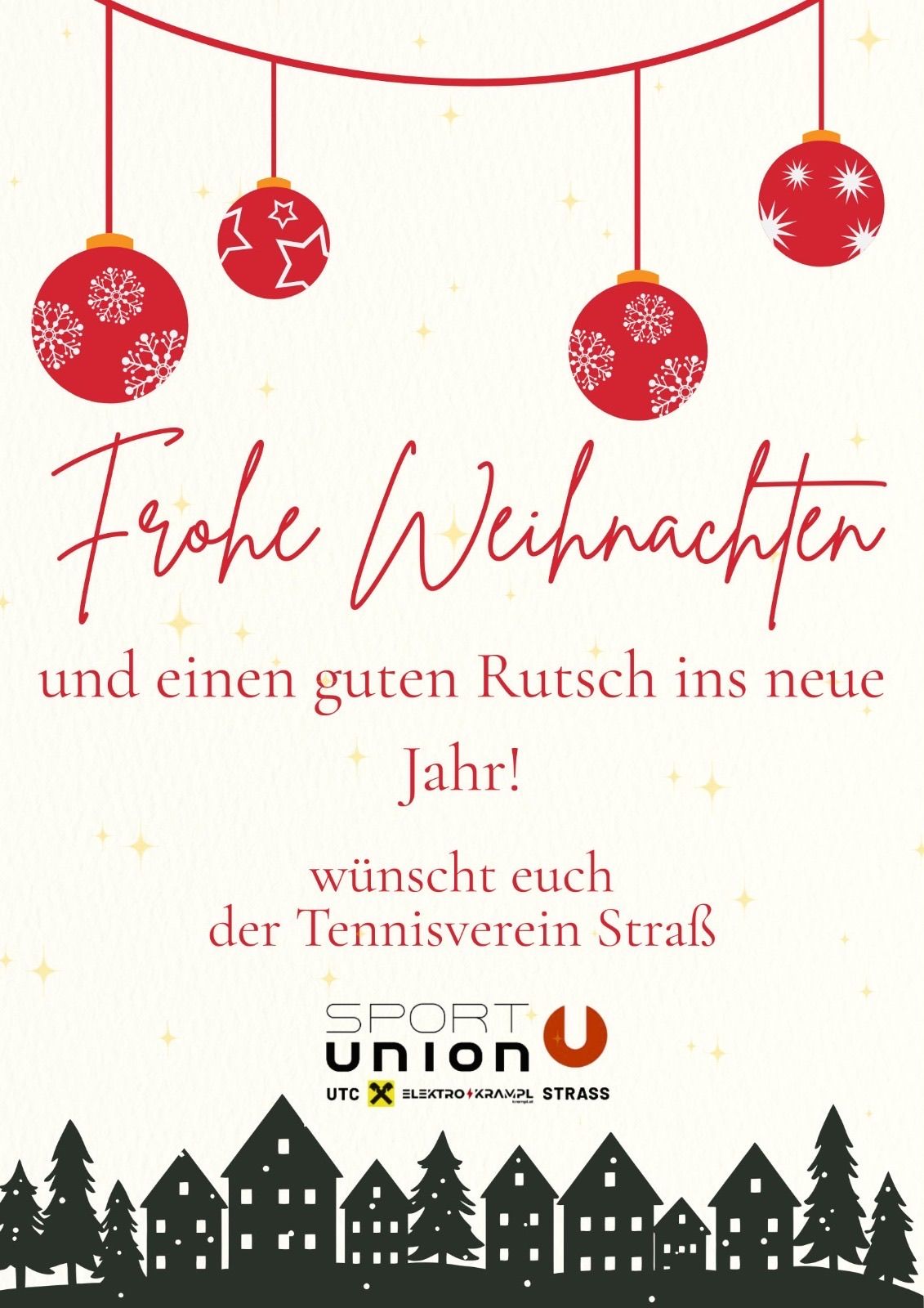Ein festlicher Gruß mit roten Ornamenten und Schneeflocken. Es steht 'Frohe Weihnachten und einen guten Rutsch ins neue Jahr!' von Tennisverein Strals. Unten steht 'SPORT UNION'.