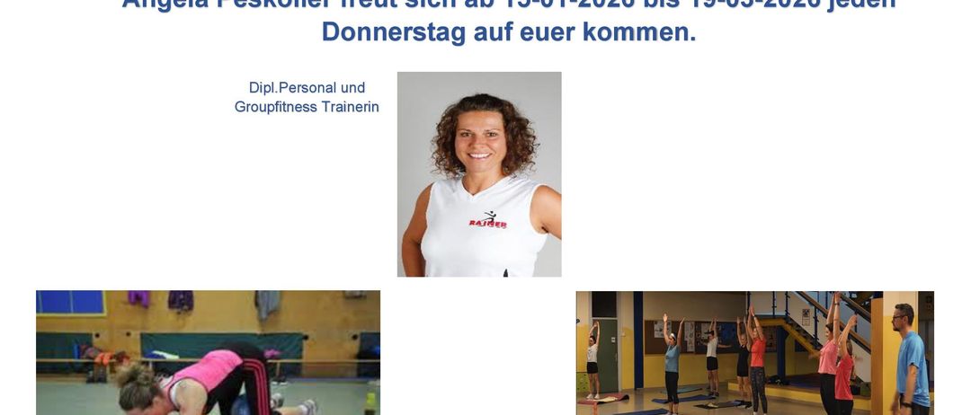 Yoga-Übungen in der Volksschule Lannach (Aula) beginnen um 19 Uhr. Eine lächelnde Instruktorin demonstriert Koordination, Dehnung und Muskelkräftigung. Termine: 15.01. bis 19.03.2026, jeden Donnerstag.