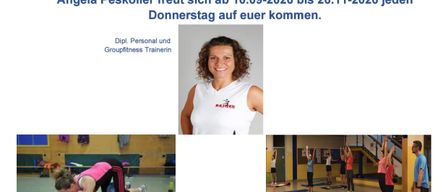 Ein Plakat, das Koordinations-, Dehnungs- und Kräftigungsübungen mit Angela Peskoller, einer zertifizierten Personal- und Gruppenfitnesstrainerin, ankündigt. Das Plakat enthält Illustrationen von Übungshaltungen und ein Foto von Angela, die lächelt. Die Veranstaltung ist vom 10.09.2026 bis 26.11.2026 jeden Donnerstag geplant.