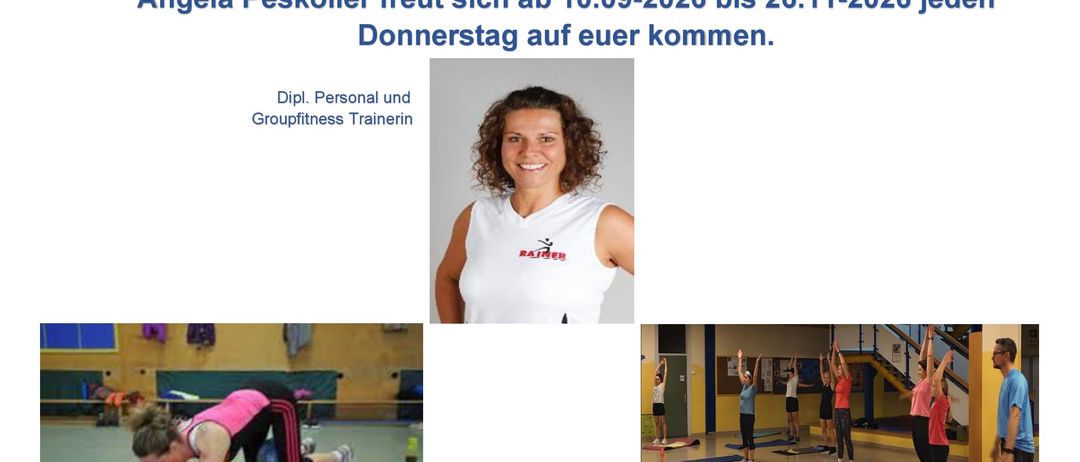 Ein Plakat, das Koordinations-, Dehnungs- und Kräftigungsübungen mit Angela Peskoller, einer zertifizierten Personal- und Gruppenfitnesstrainerin, ankündigt. Das Plakat enthält Illustrationen von Übungshaltungen und ein Foto von Angela, die lächelt. Die Veranstaltung ist vom 10.09.2026 bis 26.11.2026 jeden Donnerstag geplant.