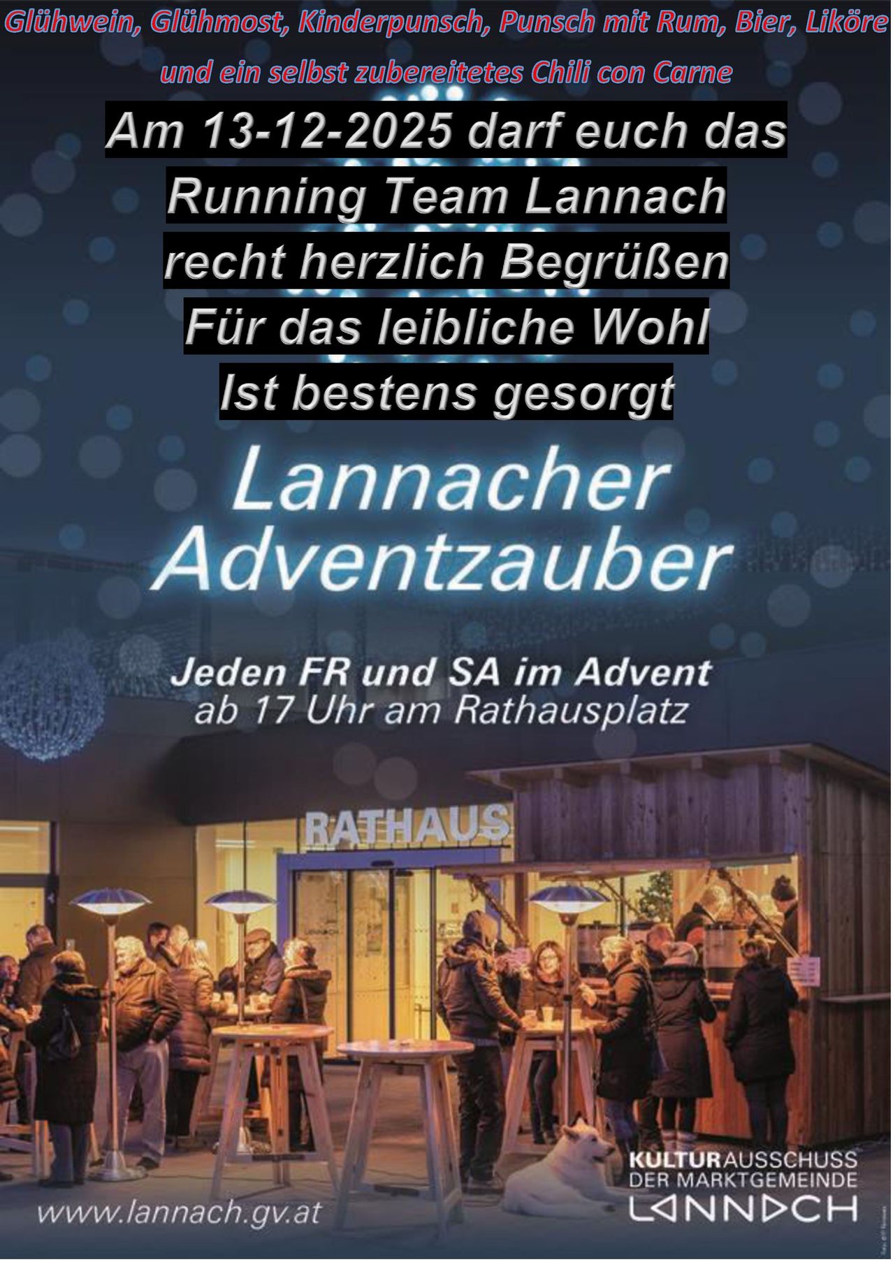 Eine Werbung für das Lannacher Adventzauber-Event, mit einer festlichen Szene von Menschen an einem Marktstand unter dekorativen Lichtern und Text auf Deutsch.
