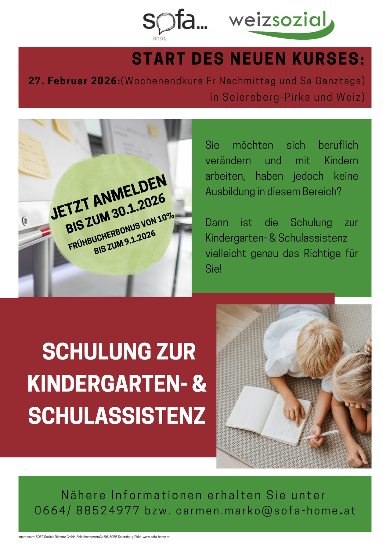 Werbung für eine Schulung zur Kindergarten- und Schulassistenz. Es heißt, wenn Sie Ihren Beruf wechseln und mit Kindern arbeiten möchten, aber keine Ausbildung in diesem Bereich haben, dann könnte diese Schulung genau das Richtige für Sie sein. Die Schulung findet am 27. Februar 2026 statt.