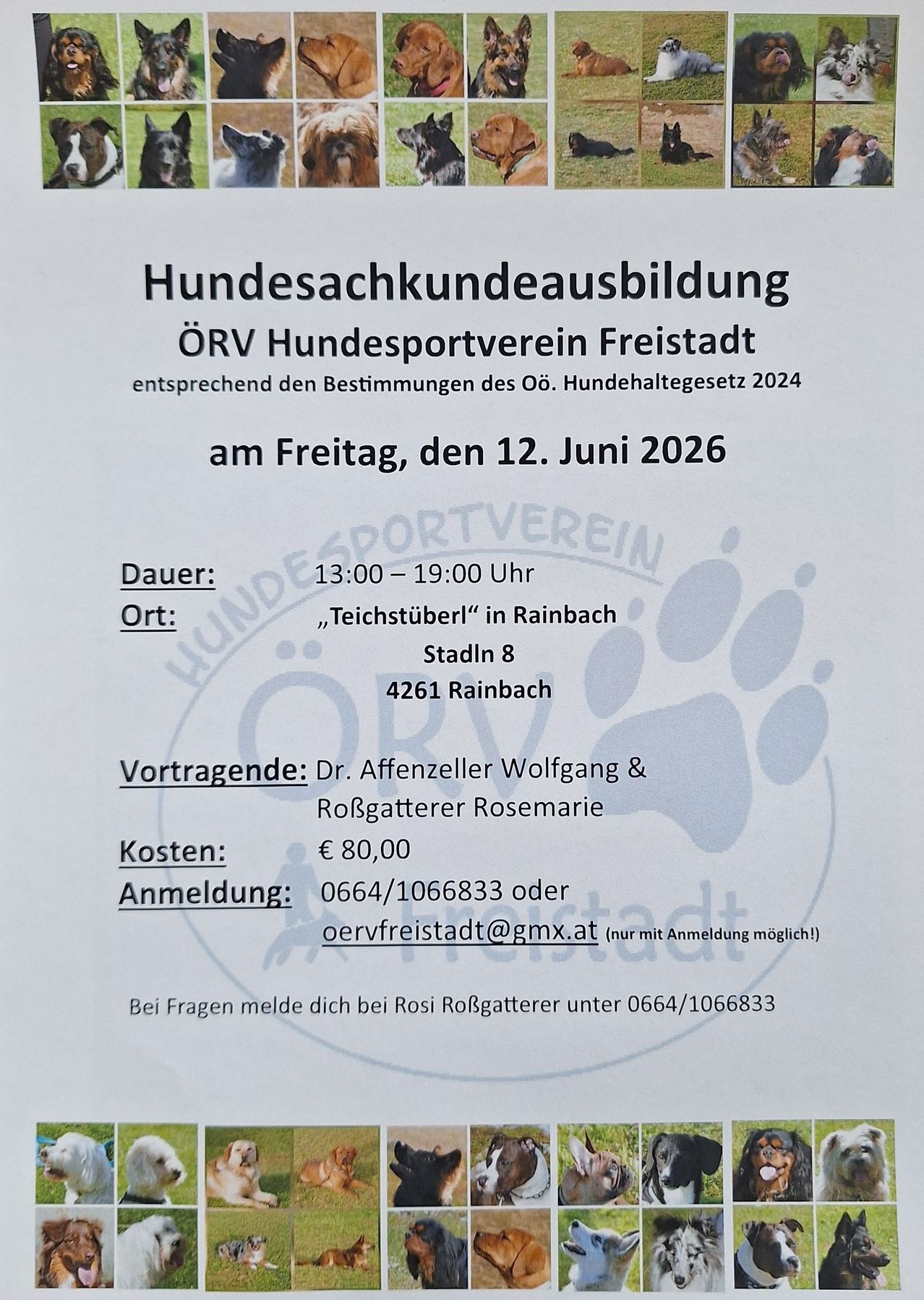 Announcement for dog owner training by OeRV Hundesportverein Freistadt on Friday, June 12, 2026. Time: 1 PM to 7 PM. Location: Teichstuberl in Rainbach. Cost: 80 Euros. Contact: 0664/1066833 or oervfreistadt@gmx.at. Speakers: Dr. Affenzeller Wolfgang and Rolsgatteer Rosemarie.