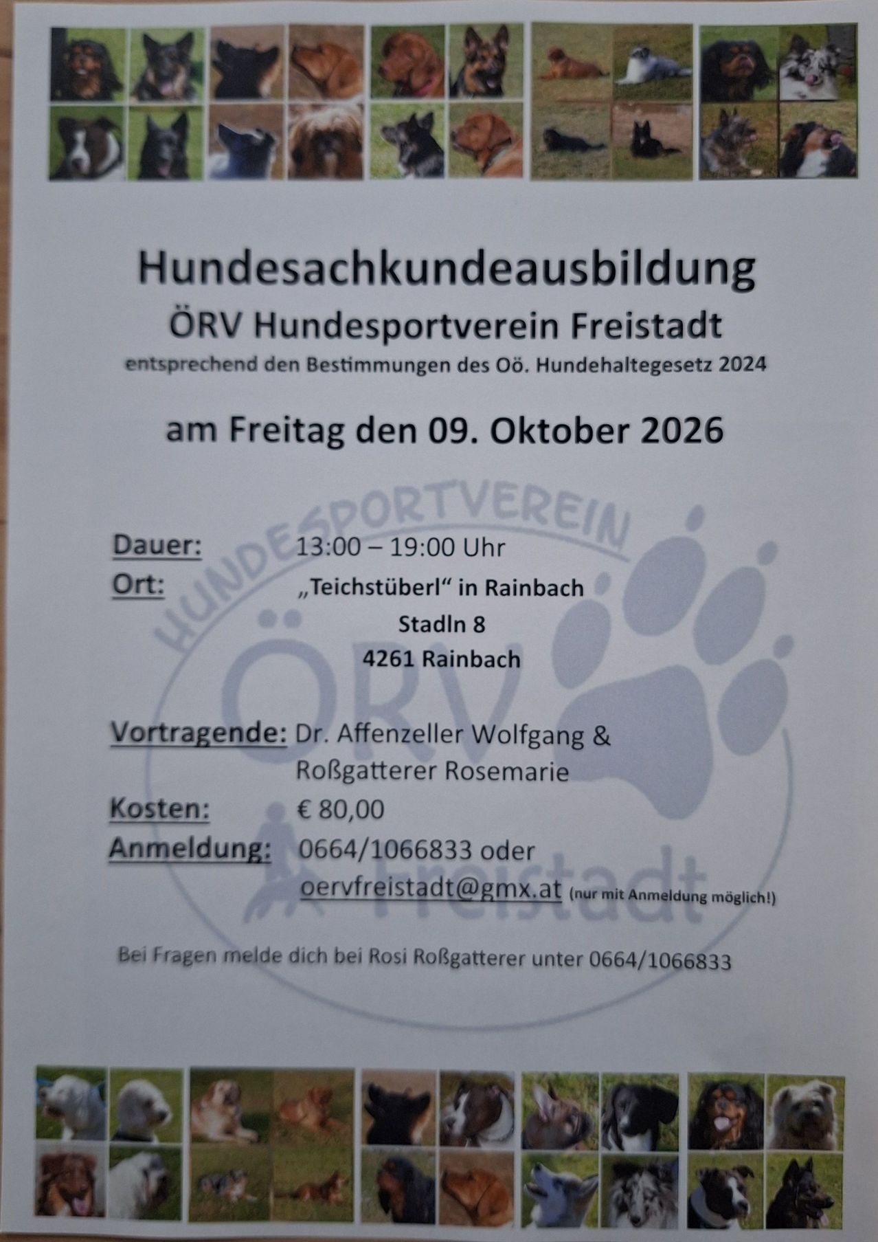 Ein Flyer für eine Hundetrainingsveranstaltung, organisiert von der Freistadter Hundesportvereinigung. Die Veranstaltung findet am 9. Oktober 2026 von 13:00 bis 19:00 Uhr im Teichstuberl in Rainbach, Stadln 8, 4261 Rainbach statt. Die Redner sind Dr. Affenzeller Wolfgang und Robgatterer Rosemarie. Die Kosten betragen 80 Euro. Die Anmeldung erfolgt per Telefon oder E-Mail.