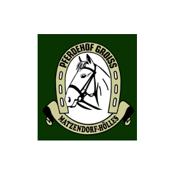 Ein grünes Logo mit dem Kopf eines Pferdes und dem Namen 'Pferdehof Gross' in einem Kreis, darunter steht 'Matzendorf-Rolles'.