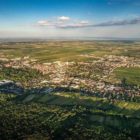 Luftaufnahme einer Stadt, umgeben von üppigen grünen Feldern und Bäumen unter einem klaren blauen Himmel.