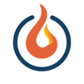 Ein kreisförmiges Logo mit einer orangefarbenen Flamme mit gelben Akzenten in einem blauen Kreis.