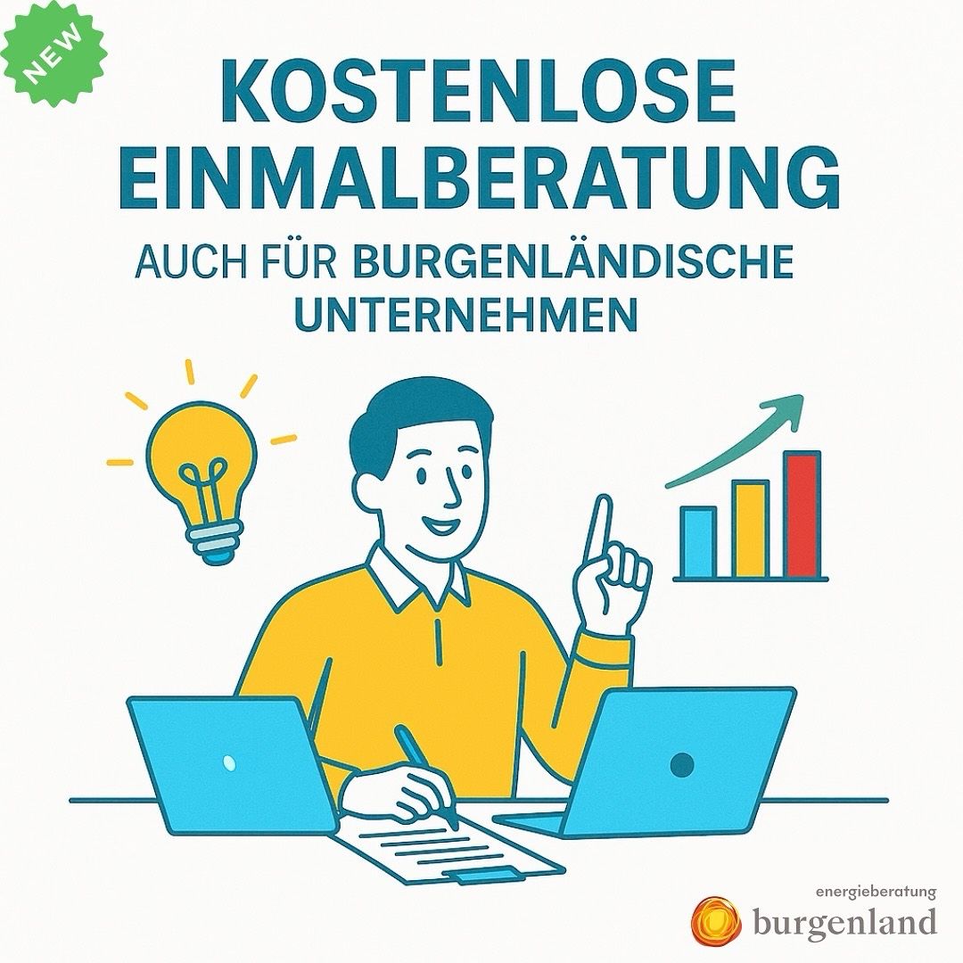 Eine Illustration eines Mannes an einem Schreibtisch mit zwei Laptops, der einen Stift hält und mit einem Licht bulb darüber nach oben zeigt. Der Text lautet 'Kostenlose Einmalberatung auch für Burgenländische Unternehmen'. Im Hintergrund befindet sich ein Diagramm.