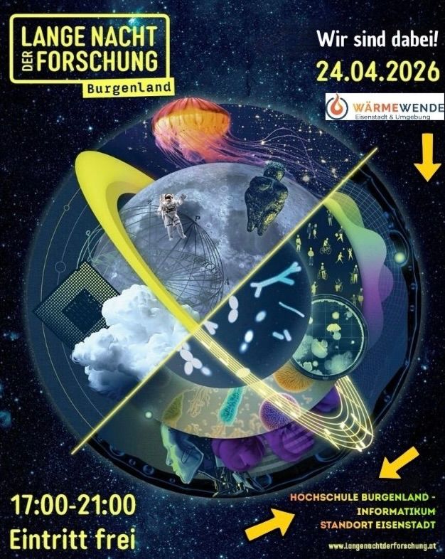 Plakat für die Lange Nacht der Forschung in Burgenland, mit einem Globus, Astronauten und dem Mond, Text auf Deutsch und Englisch. Veranstaltung am 24.04.2026 von 17:00-21:00, Eintritt frei.
