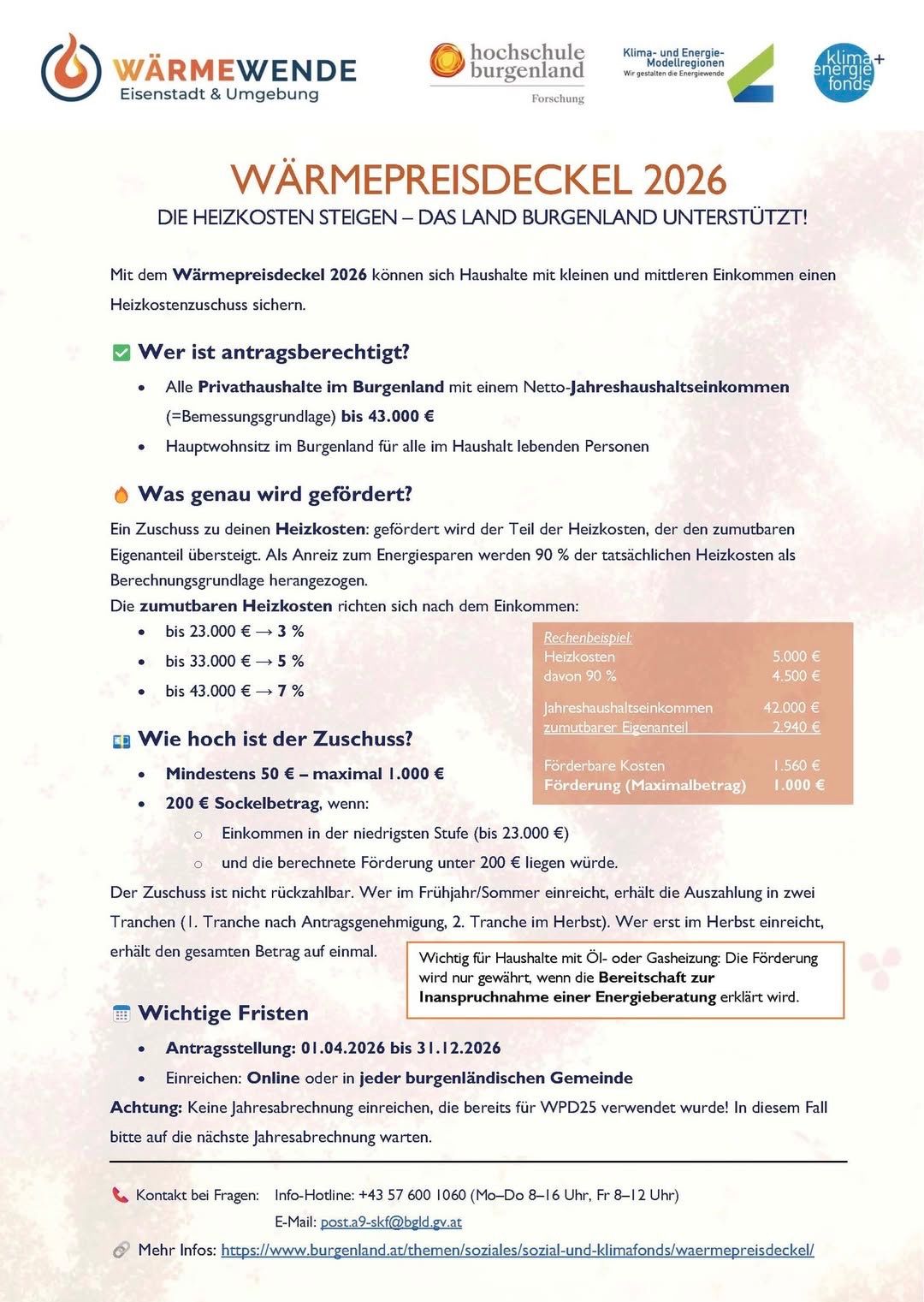 Das Infographic beschreibt die Unterstützung für Heizkosten im Burgenland. Berechtigte Privathaushalte können eine Förderung bis zu 7% ihrer Heizkosten erhalten. Die Förderung ist nicht rückzahlbar und in zwei Raten ausgezahlt. Wichtige Termine und Einreichungsmethoden werden ebenfalls hervorgehoben.