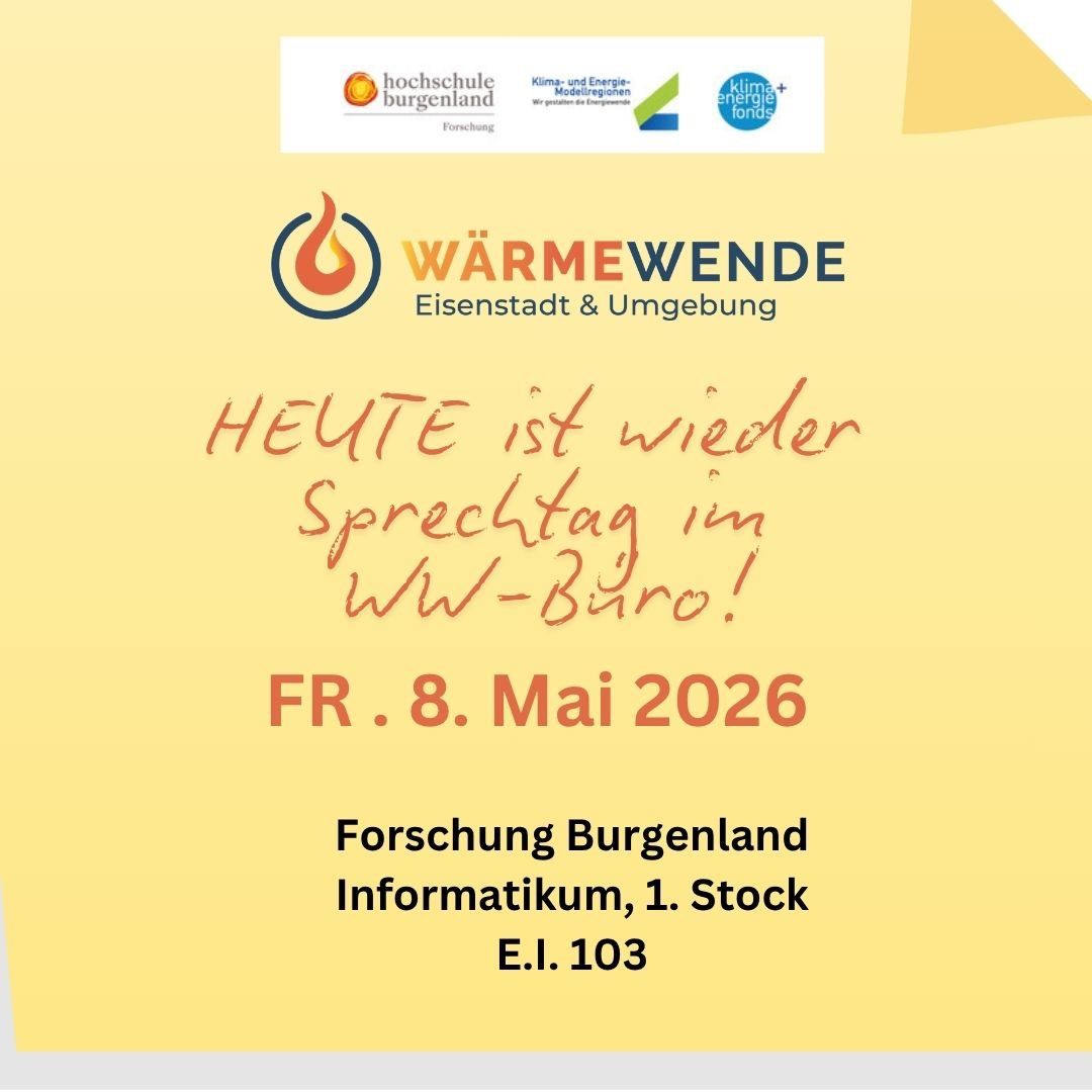 Poster für eine Veranstaltung am 8. Mai 2026 in Eisenstadt. Es hebt einen Sprechtag im WH-Büro hervor.
