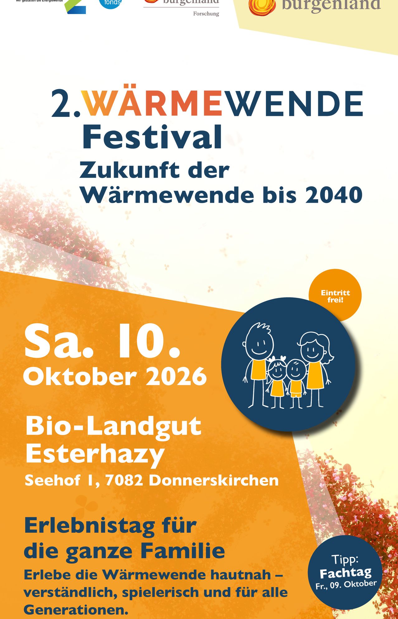 Plakat für das 2. Warmwende-Festival, das am Samstag, 10. Oktober 2026, im Bio-Landgut Esterhazy, Seehof I, 7082 Donnerskirchen stattfindet. Das Event konzentriert sich auf die Zukunft der Wärmeversorgung bis 2040.
