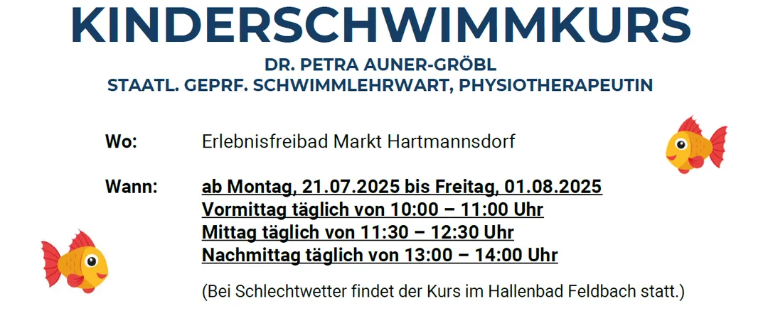 Werbung für einen Kinderschwimmkurs im Erlebnisfreibad Hartmannsdorf, vom 21.07.2025 bis 01.08.2025, mit Vormittags-, Nachmittags- und Abendsitzungen. Die Kosten betragen EUR 130, einschließlich einer Begleitperson und eines Kindes.