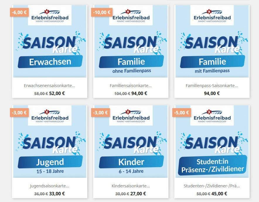 Six promotional season tickets are displayed. First row: Adult, Family without, Family with. Second row: Youth, Children, Student/Civilian/Pensioner. Prices range from 30 to 104 euros.