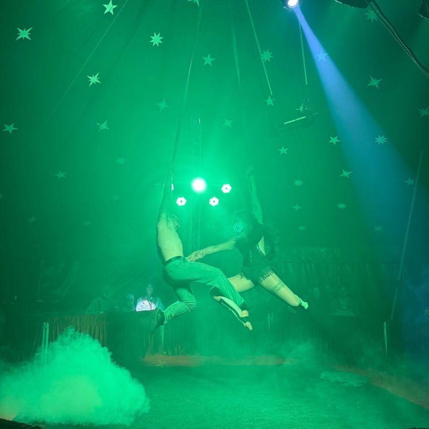 Ein Paar führt einen Trapezakt in einem Zirkus unter grünen Lichtern und Sternen an der Decke auf. Das Publikum schaut von unten zu.