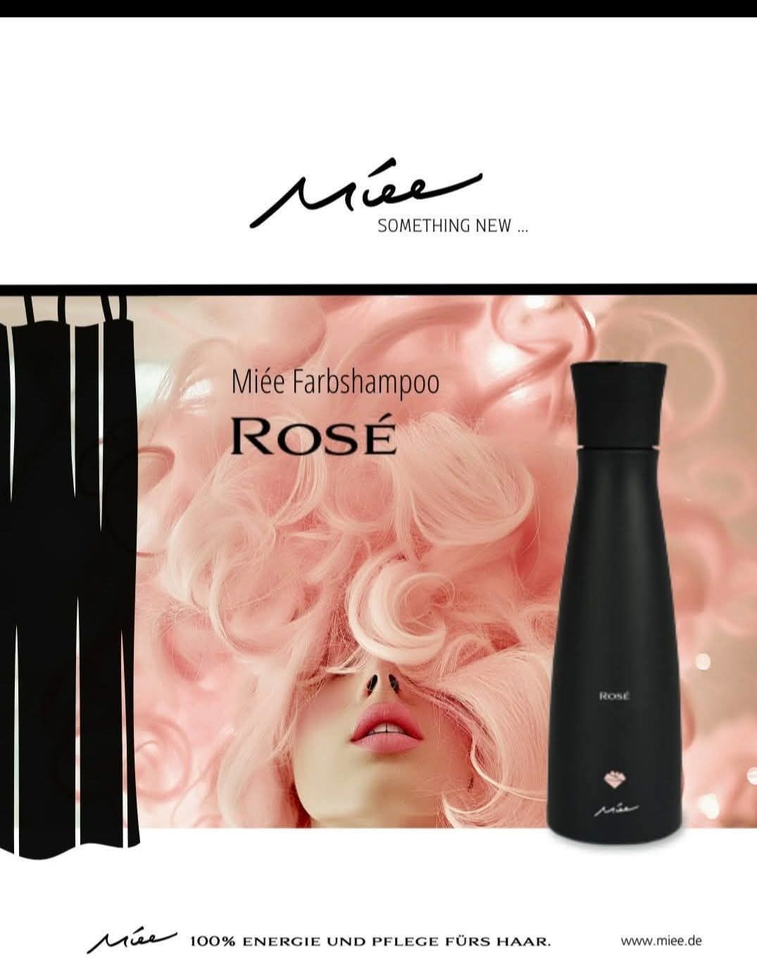 Werbeanzeige für Miée Farbshampoo Rose mit einem Model mit rosa Haaren und einer schwarzen Flasche des Produkts.