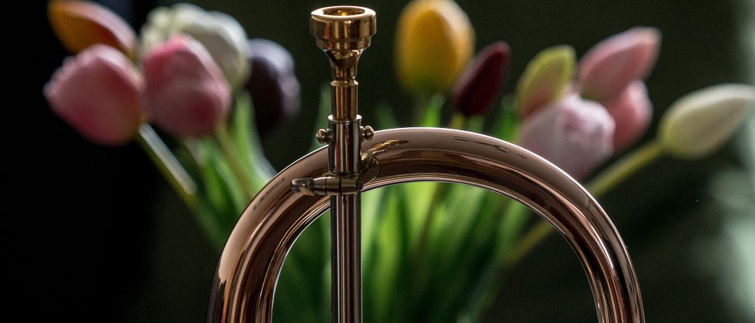 Nahaufnahme eines glänzenden Messingtrompete vor einem unscharfen Strauß Tulpen. Die Trompete ist scharf, während die Blumen unscharf sind.
