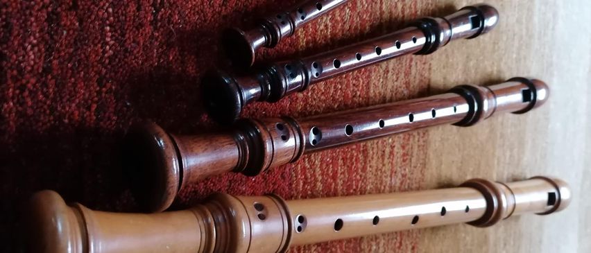 Vier hölzerne Blockflöten sind auf einem roten und braunen Teppich angeordnet und zeigen ihre unterschiedlichen Längen und Designs.