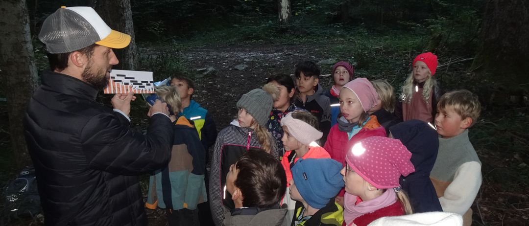 Eine Gruppe von Kindern steht in einem Wald, einige tragen Mützen und Jacken, und ein Kind hält eine Taschenlampe.