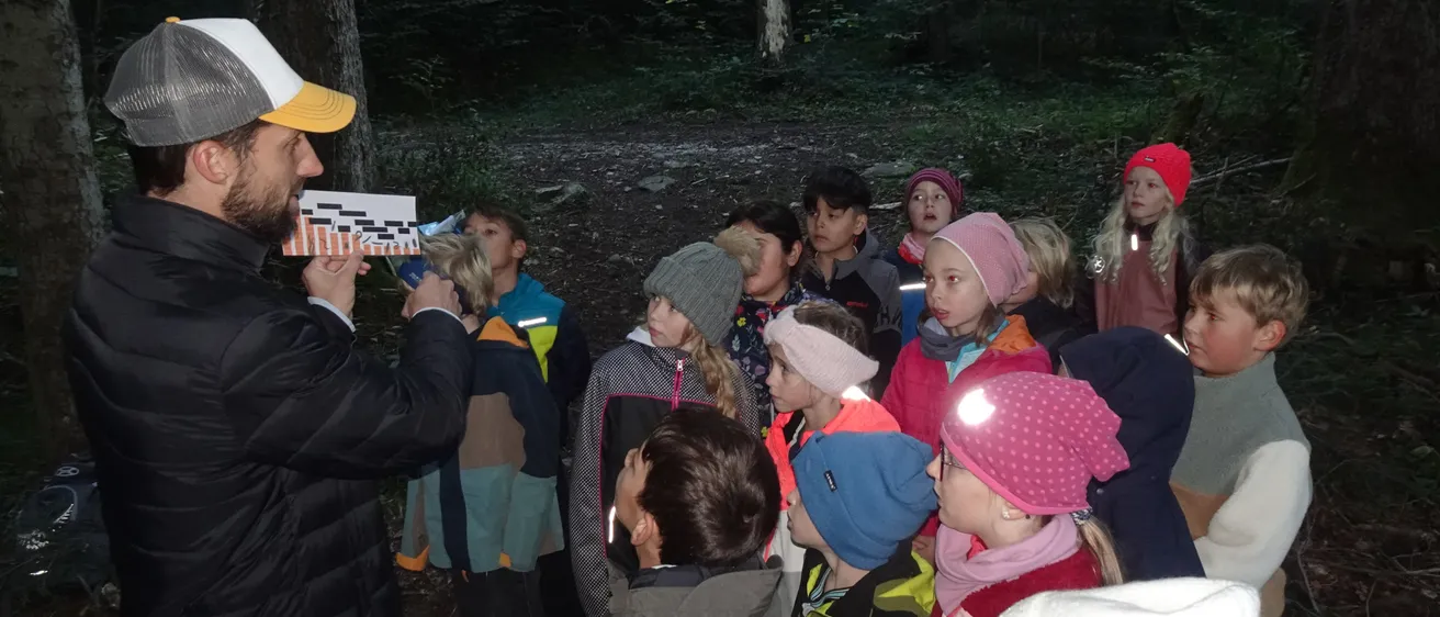 Eine Gruppe von Kindern steht in einem Wald, einige tragen Mützen und Jacken, und ein Kind hält eine Taschenlampe.