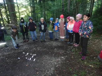 Eine Gruppe von Kindern steht in einem Wald und sieht sich Markierungen auf dem Boden an. Sie tragen Jacken, Handschuhe und Turnschuhe.