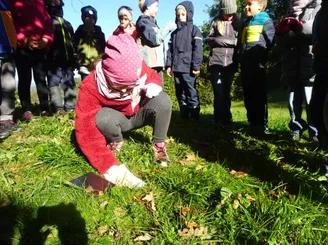 Ein Mädchen in einer roten Winterkleidung kniet im Gras und hält ein Blatt. Hinter ihr stehen mehrere Kinder, einige tragen Winterjacken und Mützen. Sie befinden sich in einem Grasbereich mit Blättern auf dem Boden.