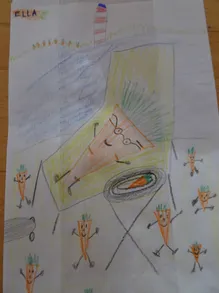 Ein handgezeichnetes Bild zeigt eine gelbe Pyramide mit Augen und einem Lächeln, umgeben von mehreren Karottenfiguren. Einige Karotten haben Gesichter, und eine scheint zu essen. Der Hintergrund ist blau und weiß.