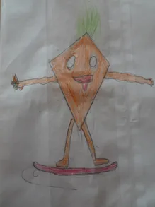Eine Karikatur eines Charakters auf einem Skateboard. Der Charakter hat einen dreieckigen Körper, grüne Haare und lächelt.