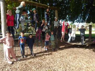 Eine Gruppe von Kindern spielt auf einer Kletterkonstruktion unter einem Baum in einem Park. Einige klettern, während andere auf dem Boden stehen.