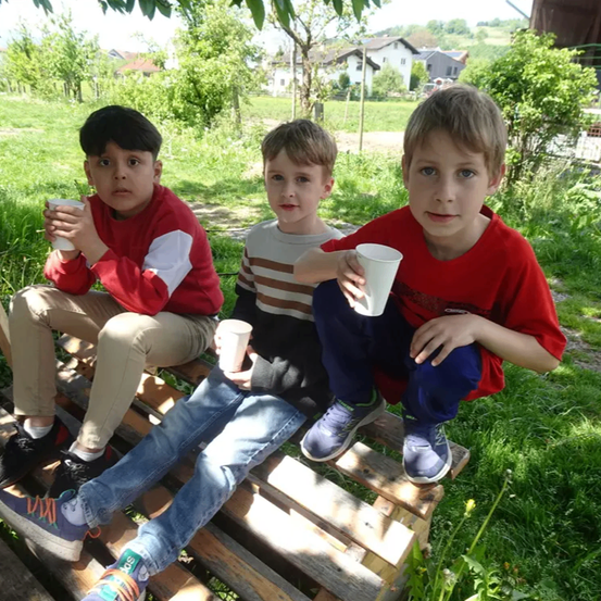 Drei Jungen sitzen auf einer Holzpalette in einem Grasbereich und halten weiße Becher. Einer trägt ein rotes Shirt, ein anderer ein gestreiftes Shirt und der dritte ein rotes Shirt. Sie scheinen für ein Foto zu posieren.